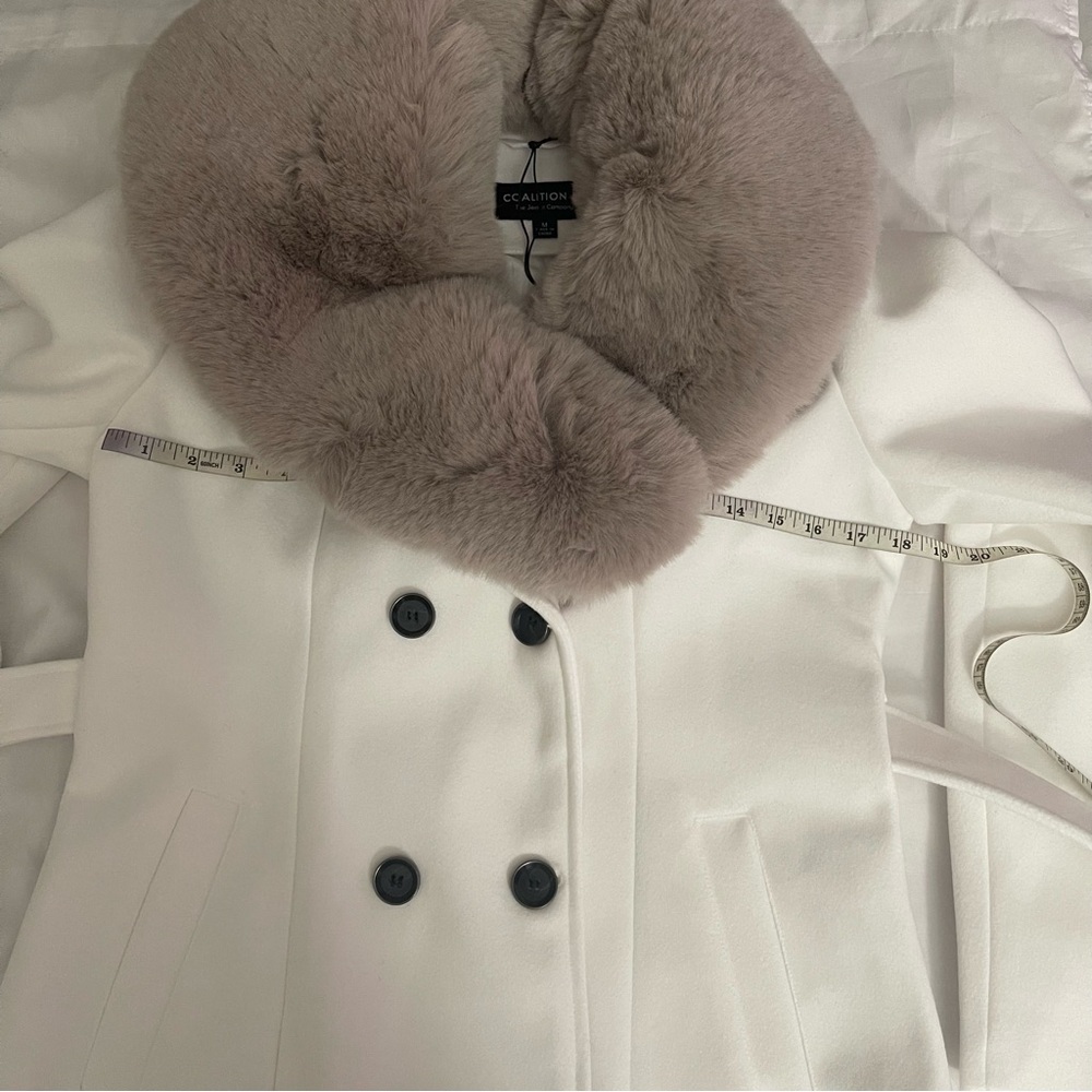 Gray removable faux fur on collar white belted pea coat - Picture 16 of 17
